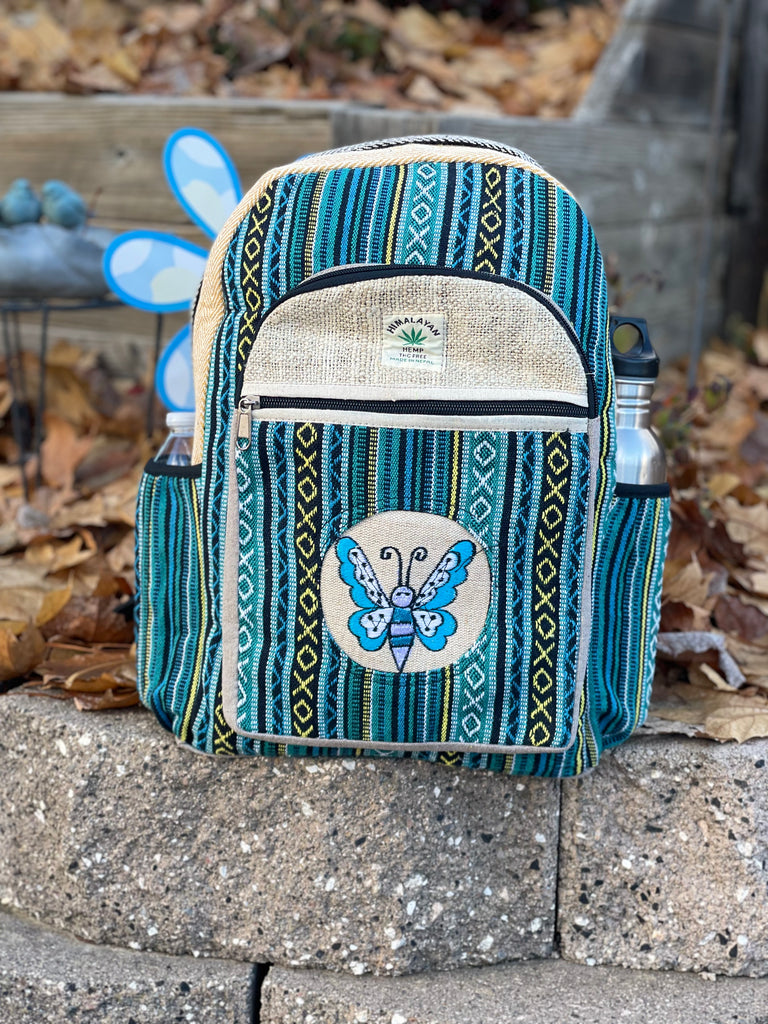 brown leather backpack with embroidered butterflies Embroidered Butterfly Patch Hemp Backpack